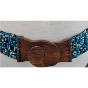 Vintage Womens Beaded Fashion Belt Turquoise Black Wood Buckle Elastic‎ Boho